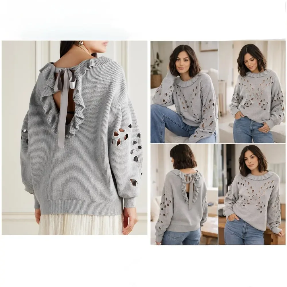 Ulla Johnson Francia Cutout Ribbed Sweater Gray Open Back Bow XS P
